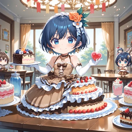 score_max, (score_9, score_8_up, score_7_up:1.0), score_6_up, official art,
masterpiece, absurdres, high detail, 8k,
party hall, table, table clothes, wedding_cake, fruit, huge_cake,
standing, smile, blush,
solo, (chibi:1.2), kaorin, meltychocola, food-themed clothes, hair ornament, hair flower, heart, roze, earrings, necklace, jewelry, brown dress, single strap, bare shoulders, clothing cutout, elbow gloves, brown skirt, long skirt, layered skirt, brown footwear, high heels,
<lora:XL_Pony_MGCM-kaori-t1:1>