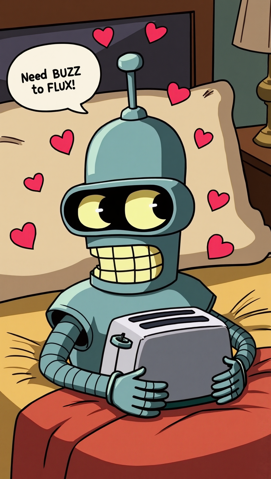 Animation style Bender the robot from the show Fururama lying on a bed hugging a metal toaster.There are hearts floating around his head. There is a speech bubble coming out of his mouth with the text "Need BUZZ to FLUX!". The surrounding area is of a a hotel room.