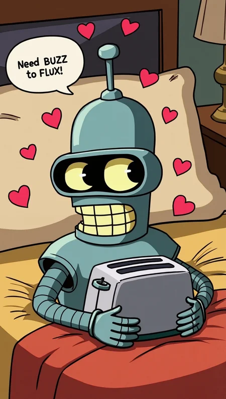 Animation style Bender the robot from the show Fururama lying on a bed hugging a metal toaster.There are hearts floating around his head. There is a speech bubble coming out of his mouth with the text "Need BUZZ to FLUX!". The surrounding area is of a a hotel room.