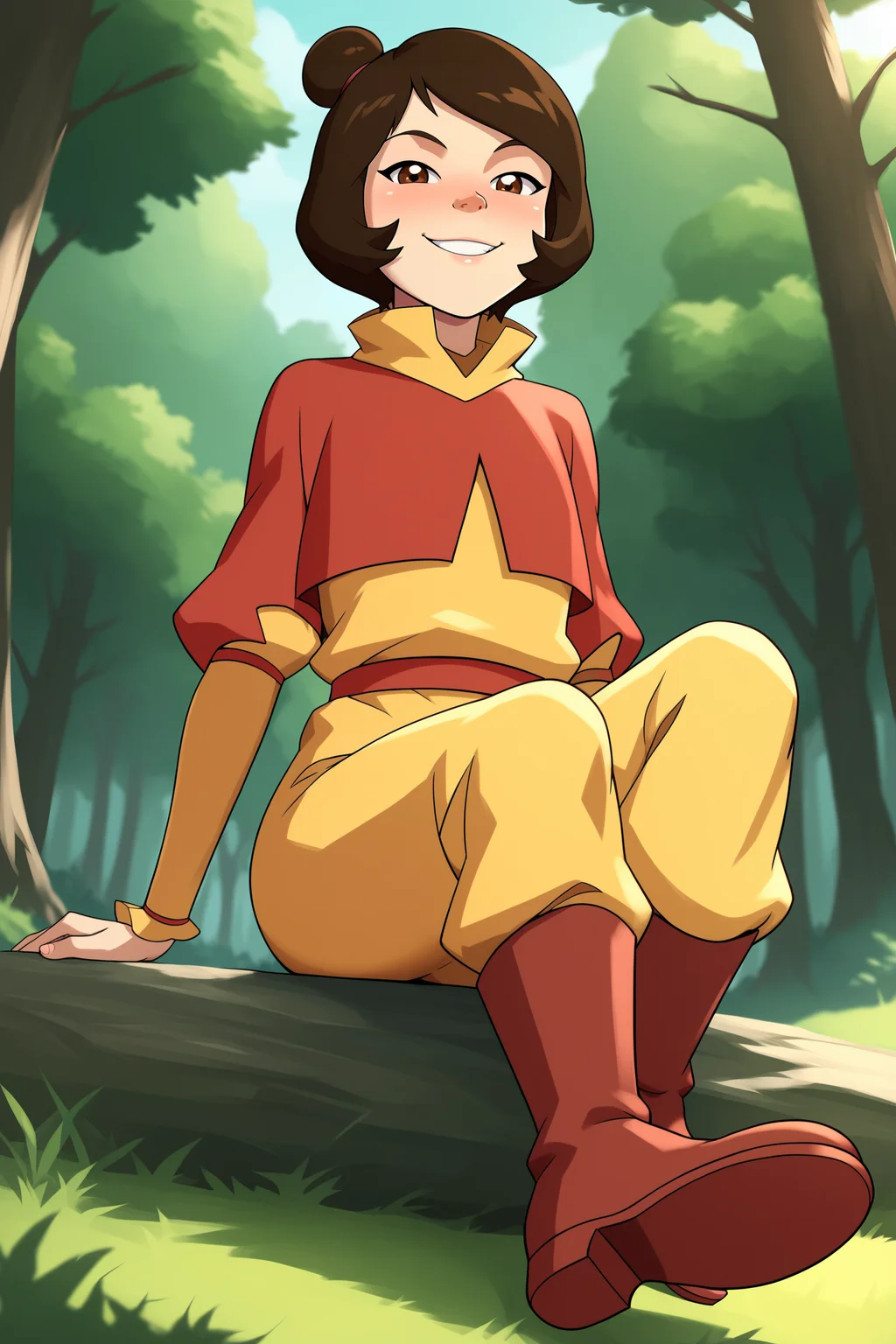 score_9, score_8_up, score_7_up, score_6_up, BREAK, JinoraAvatarPXL, 1girl, brown eyes, brown hair, short hair, single hair bun, flat chest, red capelet, yellow shirt, long sleeves, red belt, yellow pants, red boots, solo, full body, sitting, bellow view, foot focus, seductive smile, looking at viewer, naughty face, nose blush, forest <lora:JinoraAvatarPXL:1>