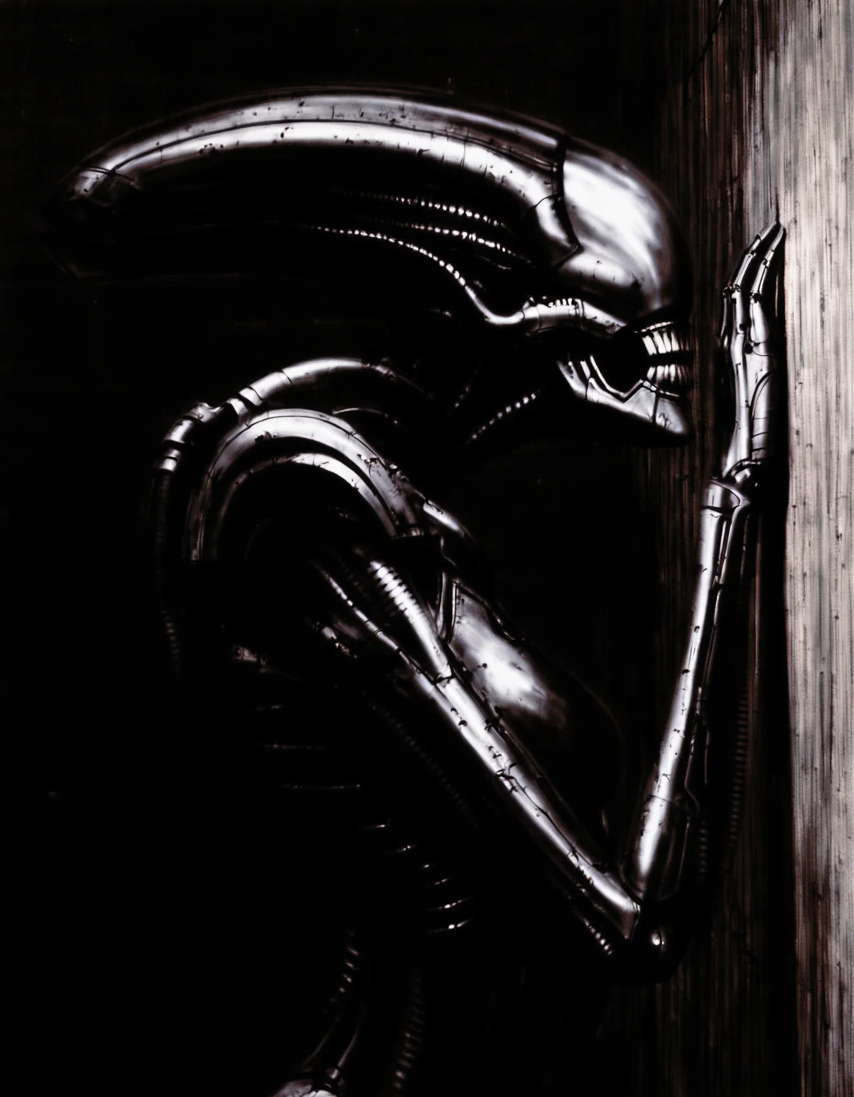 biomechanical art style, good quality, best quality, highres, masterpiece, painterly, horror \(theme\),
1girl, monster, terminator, android, humanoid robot, upper body, leaning on wall, profile, dark theme, shadows,
<lora:Melancholy illustrious:0.7>,