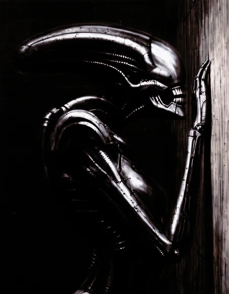 biomechanical art style, good quality, best quality, highres, masterpiece, painterly, horror \(theme\), 
1girl, monster, terminator, android, humanoid robot, upper body, leaning on wall, profile, dark theme, shadows,
 <lora:Melancholy illustrious:0.7>,