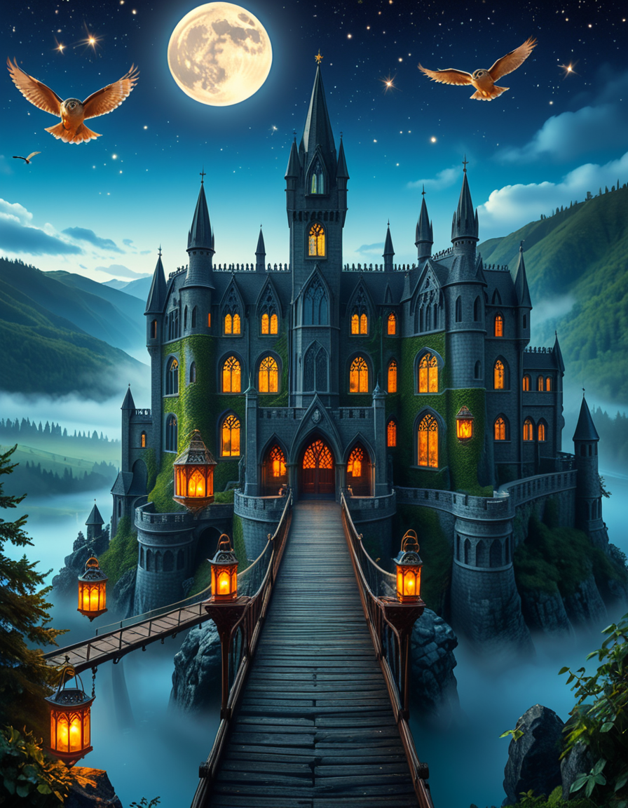 A majestic, ancient castle perched on a rocky hill, serving as a prestigious school for young wizards. The castle is a grand structure with towering spires, intricate gothic architecture, and large stained-glass windows that glow with magical energy. The stone walls are covered in ivy, and enchanted lanterns float around the entrance, casting a soft, mystical glow. A massive wooden bridge leads to the main gate, suspended over a misty, enchanted lake that reflects the moonlight. In the background, rolling green hills and dense, fog-covered forests surround the school, adding an air of mystery. The sky is a deep twilight blue, with stars twinkling and a full moon shining brightly. Some windows in the castle emit warm, golden light, hinting at classrooms filled with spellbooks and students practicing magic. A few owls are seen soaring above, delivering messages. The atmosphere is magical, mysterious, and full of wonder, as if the castle itself is alive with enchantments.
<lora:SDXLFaeTastic2400:0.4> <lora:extremely_detailed:0.4> extremely detailed, <lora:ancient_c4stl3:1>,ancient c4stl3, Masterpiece,best quality,hi res,8k,hi res,8k,award winning,(sharp focus, intricate, highly detailed),