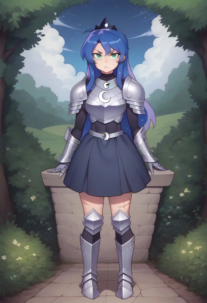 score_9, score_8_up, score_7_up, score_6_up, (humanized, human), 1girl,, (princess luna), (black hair), hair in front of shoulders, long hair, ((freckles)), anatomically correct, medium breasts, photo_realistic:1.5, high resolution, ,serious face, lidded eyes, detailed background,(outside, on a hill, ((night time)), soft glow, moonlit scene), big eyes, armored gloves, skin tight dress, (armored, skirt, chestplate armor), looking at viewer, standing, armored boots, fit, toned, fit midriff, full body, front view, freckles on shoulders, ((((tall)))), ((covered in scars, scars on torso, scars on arms, scars on legs)), scar on cheek, (solo), many scars