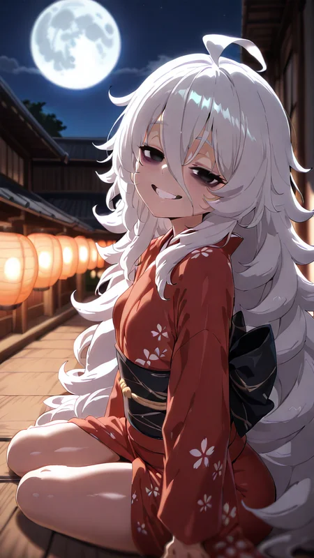 <lora:Shadow:1> Shadwo, black_eyes, white_hair, grey_hair, very_long_hair, messy_hair, hair_between_eyes, ahoge, small_breasts, bags_under_eyes, red kimono, chinese lanterns, japanese buildings, soft light, warm colours, light reflexion, masterpiece, best quality, smile, relaxed eyes, teeth, half-closed eyes, looking at viewer, from side, depth of field, full body, moon, big moon, glowing hair
