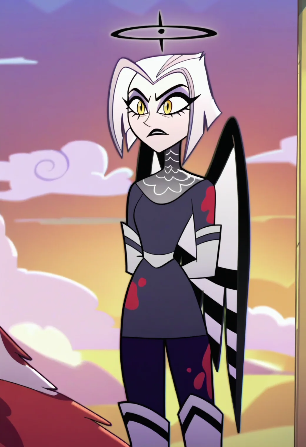 1girl, <lora:lute_hazbin_hotel_ponyxl_v1:0.9>, lute, solo, standing, wings, elbow gloves, grey dress, chainmail collar, purple pantyhose, white sash, thigh boots, black halo, blood on clothes, arms behind back, yellow sky, cloudy sky,
BREAK
score_9, score_8_up, score_7_up, score_6_up, screencap