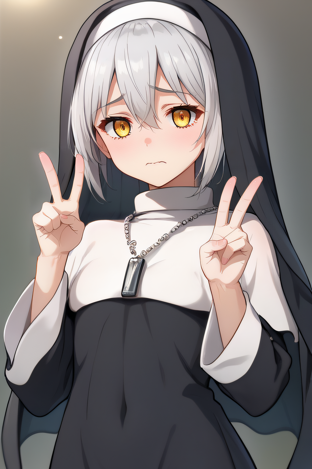 score_9, score_8_up, score_7_up, source_anime, rating_safe, intricate details, anime screencap, official style, <lora:PONY_Ghost_Sister:1>, gsister, nun, habit, silver hair, yellow eyes, black dress, taut dress, looking at viewer, simple background, five fingers:1.3, standing, embarrased, jewelry, upper body, necklace, sad expression, wavy mouth, closed mouth, peace sign, upper body, hands up