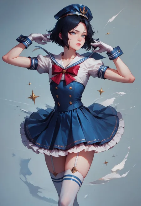 score_9, score_8_up, score_7_up, 1boy, femboy, otoko no ko, short hair, bob cut hair, black hair, grey eyes, gray eyes, feminine face, toned body, Shelly, Jed-Salr, Navy Blue Mini Dress, White Trim, White Sailor Collar, Nautical Stripes, White Thigh-High Stockings, Sailor Hat, White Gloves, Sailor Cuffs, White Petticoat, highly detailed, intricate, zzCitronCAT, pose, modelshoot, solo