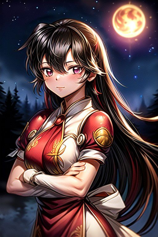 best quality 1girl Setsun4 solo long hair,  (night time) forest background black hair very long hair purple eyes multicolored hair armor, small, (fur trim) (medium body),<lora:EMS-179-EMS:0.800000>,<lora:EMS-293862-EMS:0.800000> bow, hair_bow, hair_tubes, red_bow, brown_hair, long_hair, bangs, ascot, frilled_bow, yellow_ascot, blush, smile, hair_between_eyes, athletic, armor, miko, ,(((intricate outfit,intricate clothes,embroidered outfit,ornate outfit,embroidered clothes,ornate clothes))), strengthmda, crossed arms,
