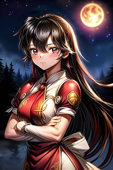 best quality 1girl Setsun4 solo long hair, (night time) forest background black hair very long hair purple eyes multicolored hair armor, small, (fur trim) (medium body),<lora:EMS-179-EMS:0.800000>,<lora:EMS-293862-EMS:0.800000> bow, hair_bow, hair_tubes, red_bow, brown_hair, long_hair, bangs, ascot, frilled_bow, yellow_ascot, blush, smile, hair_between_eyes, athletic, armor, miko, ,(((intricate outfit,intricate clothes,embroidered outfit,ornate outfit,embroidered clothes,ornate clothes))), strengthmda, crossed arms,