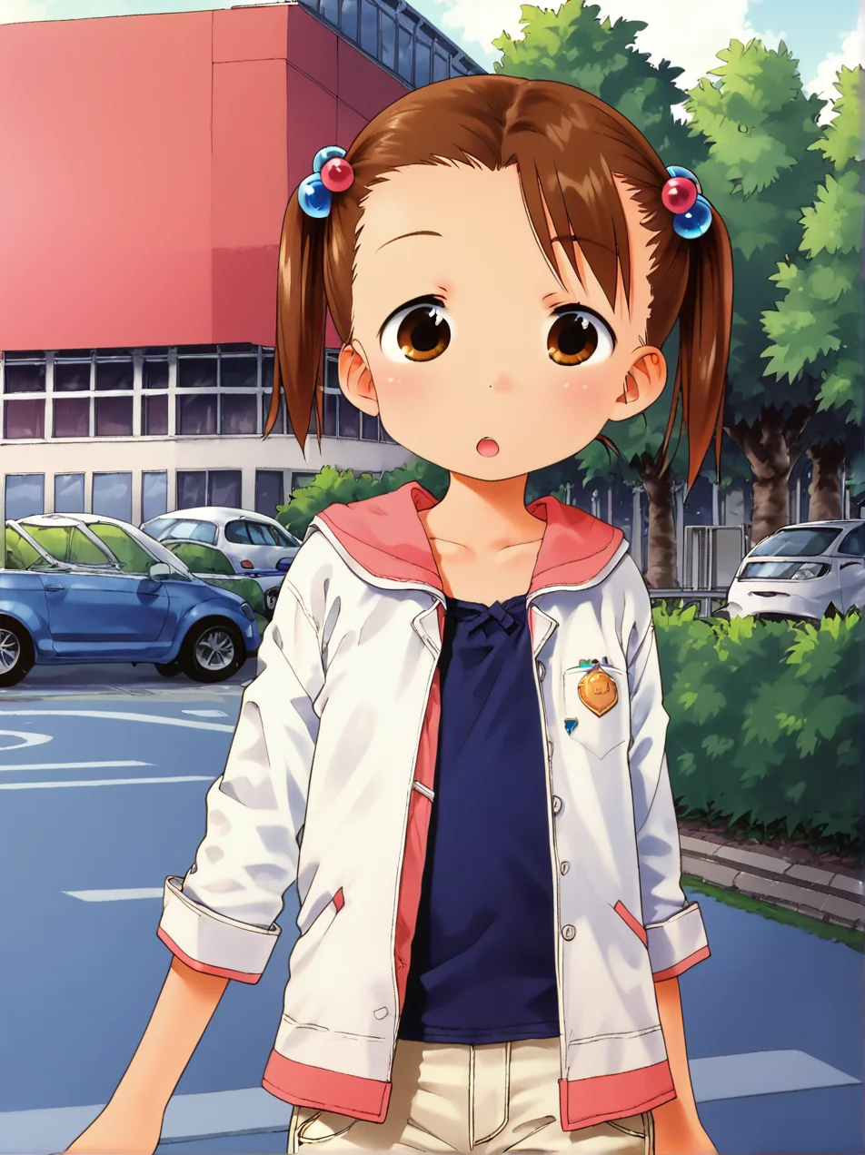score_8_up, 1girl, solo, Miu Matsuoka, twintails, brown hair, hair ornament, hair bobbles, flat chest, young, city park background, cowboy shot, BREAK
shirt, frills, pants,
<lora:Ichigo Mashimaro_XL_PONY:1>,