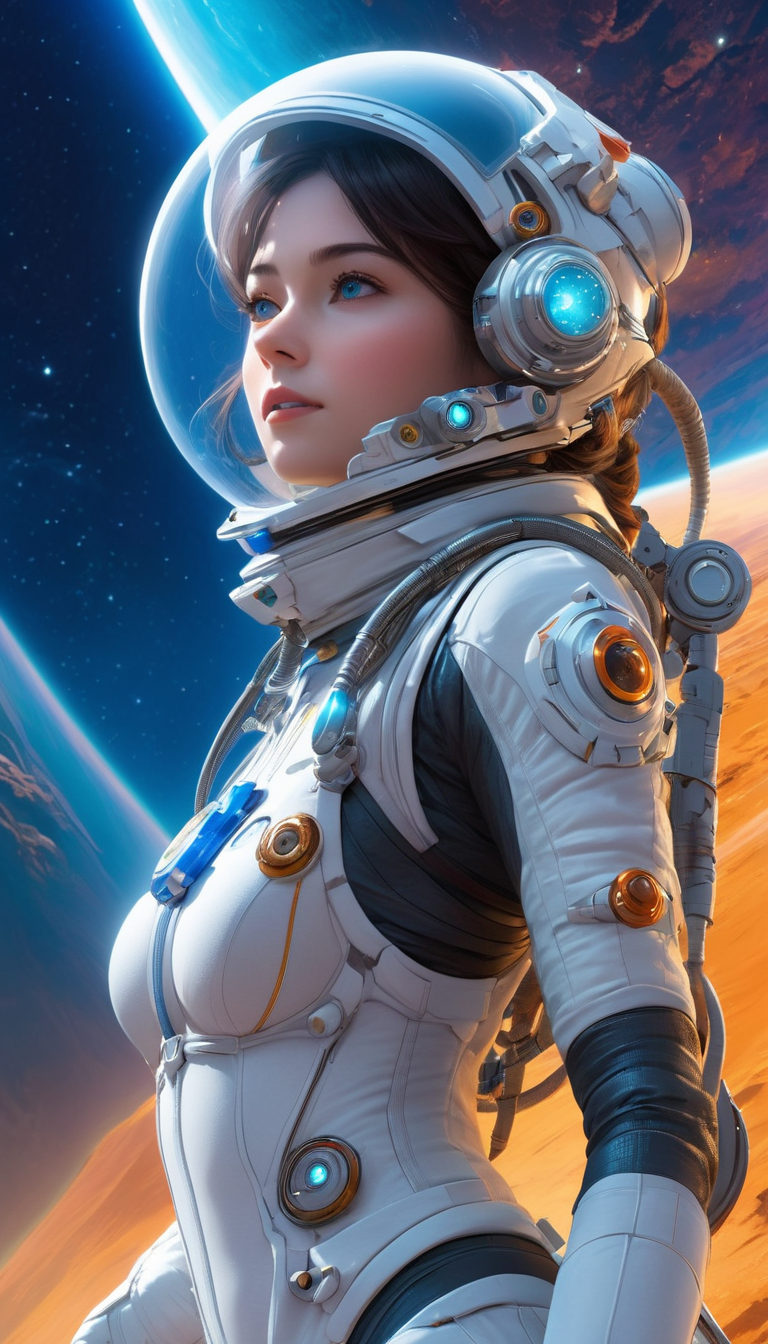 Stunning female in space suit, sci-fi, extremely beautiful piercing eyes, cinematic scene, hero view, action pose, scenery, detailed background, masterpiece, best quality, high quality, intricate, absurdres, very detailed, extremely high resolution, 8k, vivid, colorful, Studio Ghibli <lora:studio_ghibli_xl_v1:1> xl:1.5>