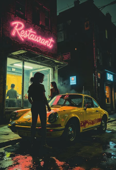 Frank Frazetta style A lesbian bar at night, with a beautiful sports car parked out front. The flickering neon sign of a nearby restaurant illuminates the scene in pink and blue hues, casting shadows on a beautiful lesbian couple leaning against the car, waiting in eerie silence.