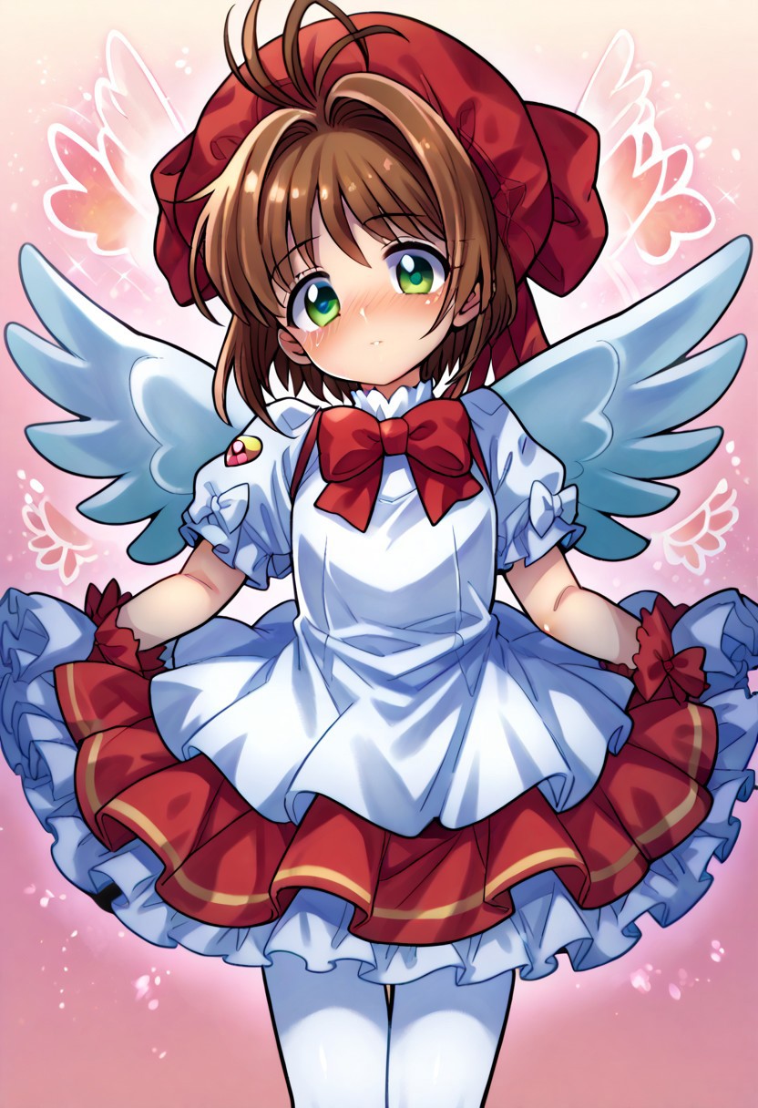 (zPDXL3), 
(zPDXLxxx), 
Expressiveh,
1girl, 
solo,
Kinomoto_Sakura,
green_eyes, brown_hair, short_hair, antenna_hair, hair_intakes, flat_chest, magical_girl, white_gloves, red_dress, puffy_sleeves, red_bow, white_pantyhose, frills, red_headwear, white_wings,
pose,