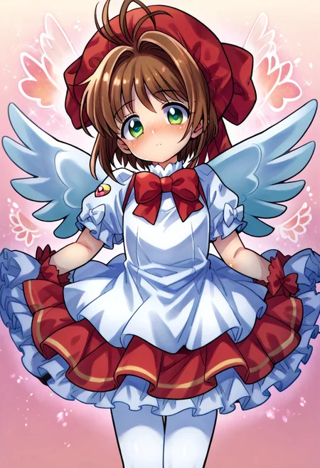 (zPDXL3), 
(zPDXLxxx), 
Expressiveh,
1girl, 
solo,
Kinomoto_Sakura,
green_eyes, brown_hair, short_hair, antenna_hair, hair_intakes, flat_chest, magical_girl, white_gloves, red_dress, puffy_sleeves, red_bow, white_pantyhose, frills, red_headwear, white_wings,
pose,