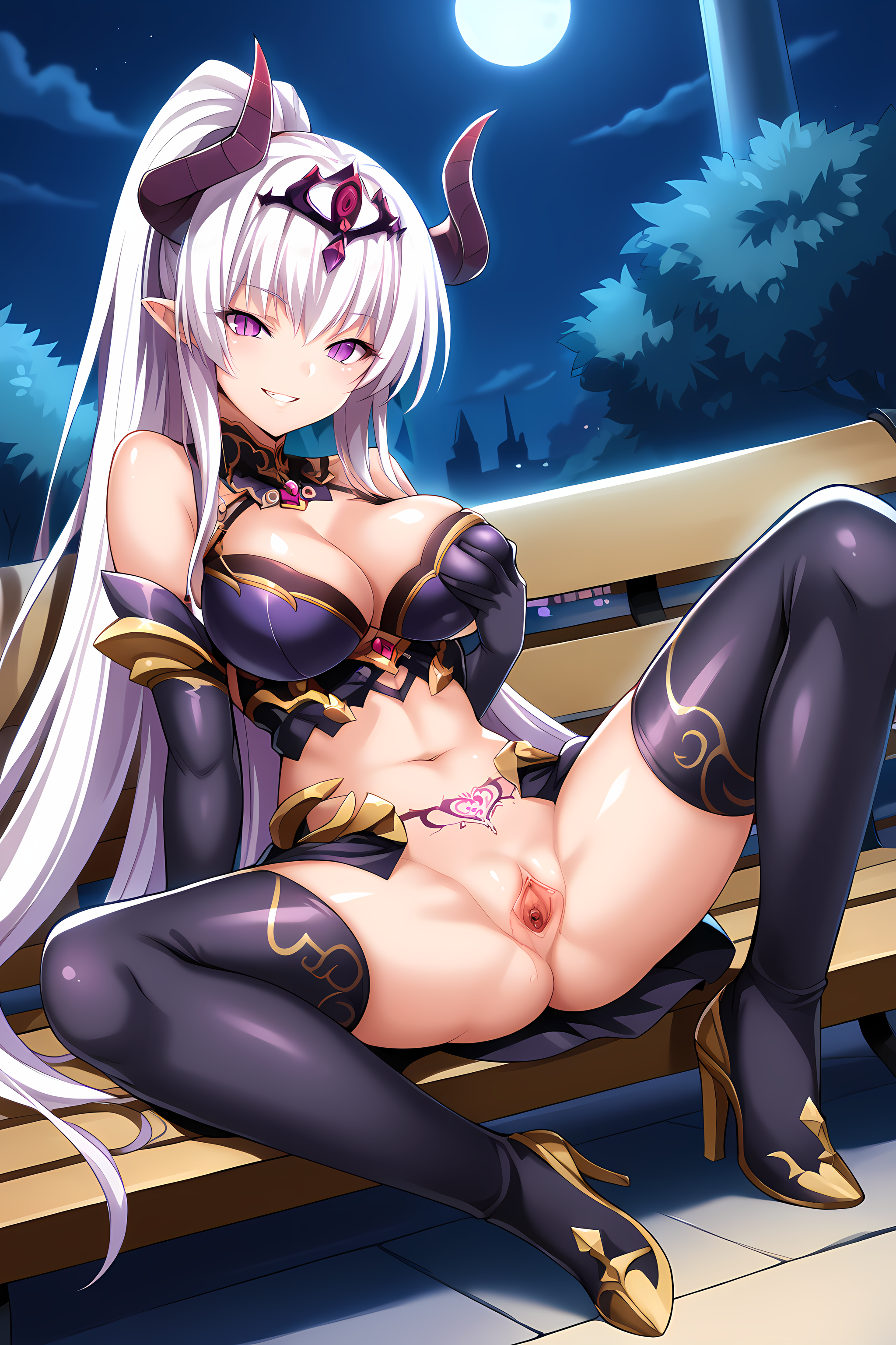 spread legs,spread pussy,presenting,grabbing own breast,narrow waist,source_anime,demon-ries,high ponytail,solo,ries,bangs,shiny skin,afterglow,parted lips,large breasts,1girl,white hair,dark purple eyes,simple background,blush,dark persona,shiny_skin,half closed eyes,corruption,succubus,black thighhighs,very long hair,messy hair,demon girl,slit pupils,no panties,cleavage,gloves,elbow gloves,bare shoulders,pointy ears,horns,(from side:1),(corset:0.3),midriff,navel,pubic tattoo,tiara,front slit,high heels,(dark purple wedding dress:0.8638),dark purple bra,armor,sitting,uncensored,grin,park,bench,outdoors,night,night sky,lamppost,thigh boots,gold trim,<lora:EXSTIA-Chevalier-000006:1>,, score_9, score_8_up, score_7_up,source_anime,(masterpiece),(best quality),(ultra-detailed),(best illustration),(best shadow),(absurdres),(detailed background),(very aesthetic),
