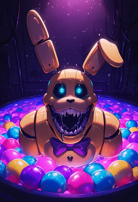 masterpiece, best quality, amazing quality, very aesthetic, absurdres, newest, detailed background, foreground blur, (( )),
springbon, teeth, rabbit ears, blue eyes, black sclera, purple bowtie, sharp teeth, animatronic, robot joints,, 1boy, smile, big head, big mouth, wide head, wide face, drooling,, massive head,
submerged, in ball pit, colorful ball pit, dark room, no lights, glowing pupils, upper body,