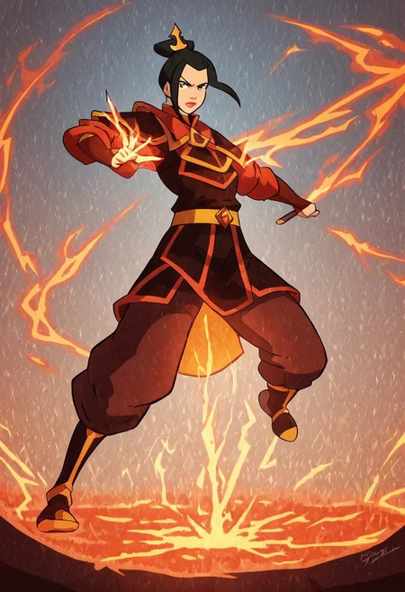 Azula, the fierce and cunning firebender, stands confidently at the center of the scene, wielding a bolt of lightning in her hand. Her eyes are sharp and intense, reflecting her unwavering determination and strategic mind. She is dressed in her traditional Fire Nation armor, which glows with shades of deep red and black, accented by golden details. Her long, dark hair flows behind her like a trail of smoke, subtly moving as if stirred by an unseen breeze. The background is a dramatic, volcanic landscape under a blood-red sky, with molten lava flowing across jagged rocks and plumes of dark smoke rising into the air. Blue flames dance around her, highlighting her unique firebending abilities and adding a contrasting, electric blue hue to the predominantly warm color palette. The atmosphere is charged with tension and raw power, as Azula embodies the dangerous and unpredictable force of fire and lightning. Her stance is both regal and intimidating, conveying a sense of control and command over the elements she wields. The image should be rendered in maximum ultra-high-definition quality, with detailed textures and ultra-realistic lighting to capture the glow of the flames, the sharpness of the lightning, and the intensity of the scene. The special effects should emphasize the crackling energy of the lightning and the heat of the flames, creating a dynamic 8K high-definition image with realistic lighting to enhance the dramatic and powerful atmosphere.
