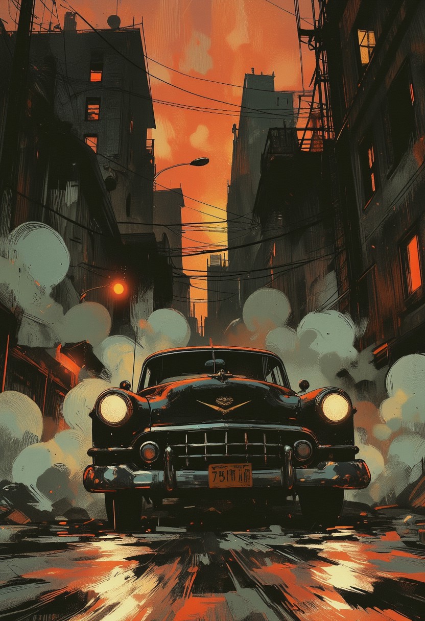 San francisco streets, gangsters, black cadillac , OBxiaoxiang, Special Ink-drawing mode, animeniji, Mh1$AgThS2, 2D flat anime, cartoon-style, intricate linework with expressive contrasts, soft lighting with dynamic highlights, WLOP
