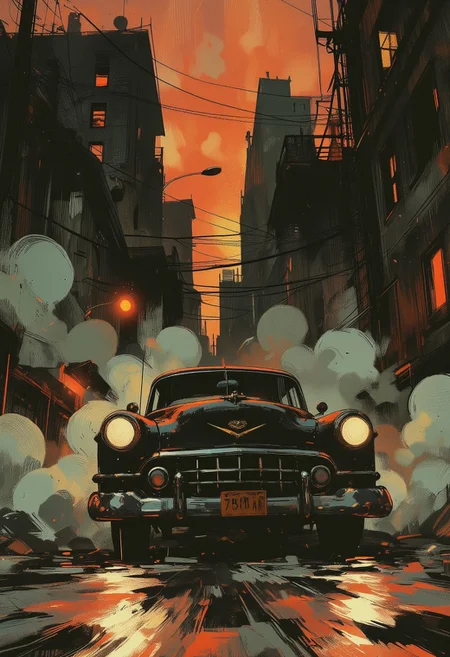 San francisco streets, gangsters, black cadillac , OBxiaoxiang, Special Ink-drawing mode, animeniji, Mh1$AgThS2, 2D flat anime, cartoon-style, intricate linework with expressive contrasts, soft lighting with dynamic highlights, WLOP