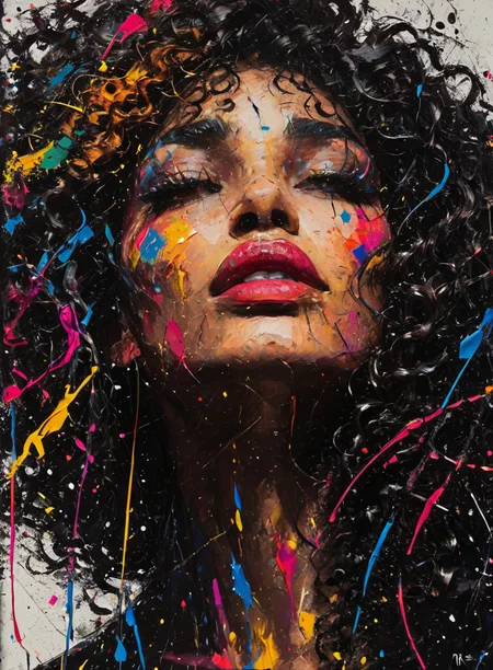 impactful paint of a beautiful woman, thick curly hair <lora:Pollock_2_0:0.7> high contrast, high saturated, vivid blacks, crystal clear, colorful, detailed eyes