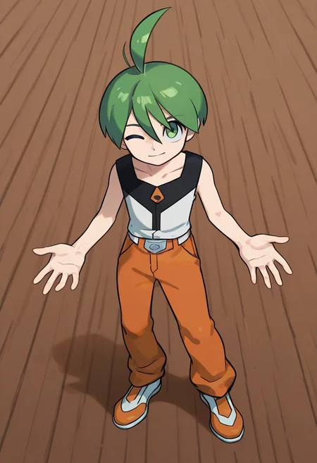 1 boy, aaron, green eyes, green hair, ahoge, black sleeveless shirt, orange pants, white with orange shoes, belt<lora:EMS-380018-EMS:1.000000><lora:ghost-pose-ponyxl-lora-nochekaiser:1>, looking up,cowboy shot,from above, looking at viewer, wink,feet emphasis, composition, visual focus