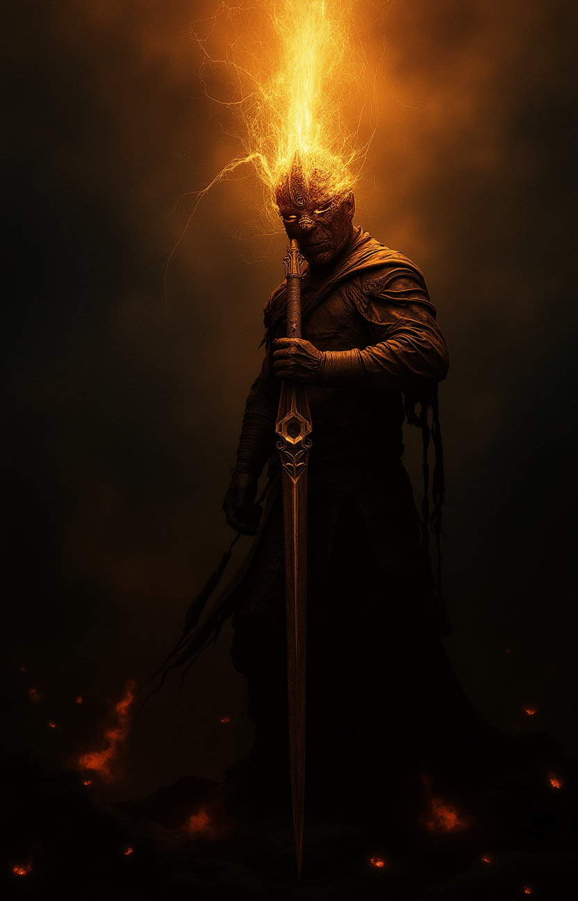 vantablack,  dark souls, golden spear piercing diamonds with thunder and glittering force,   <lora:- Flux1 - vanta_black_V2.0:.8>