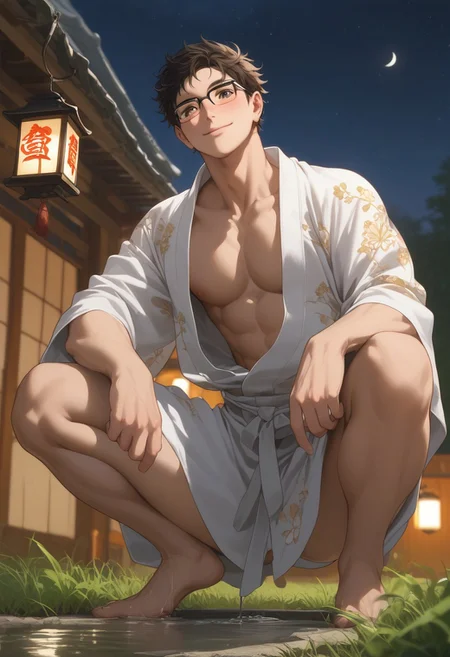 score_9, score_8_up, score_7_up, source_anime, rating_explicit, water, pecs, Takaikyu, black glasses, 1boy, male focus, [[[anime screencap]]], nipples, yukata, closed mouth, smile, head tilt, blushing, squatting, puddle, blurry outdoor lantern festival, night sky, grass, food stalls, warm bokeh, realistic lighting, Expressiveh, from below, hands with five fingers,