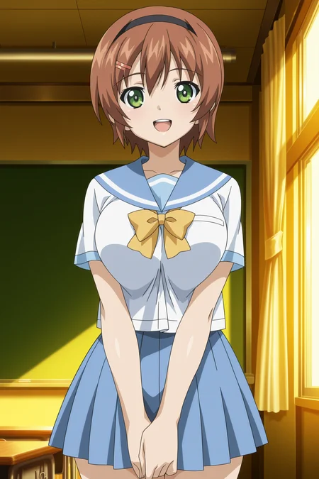 anime screencap, anime coloring, detailed face, masterpiece, best quality, very aesthetic, absurdres, volumetric lighting, official style, amazing quality, ultra detailed, highres, amazing quality, scenery, beautiful detailed hair, beautiful detailed eyes,
<lora:Rin_x_Sen_+_Ran-Sem:1>
in a classroom,
Kaho Mizushima (character), 1girl, solo, school uniform, large breasts, brown hair, green eyes, black hairband, short hair, skirt, serafuku, cowboy shot, yellow bow, looking at the viewer, smile, :D