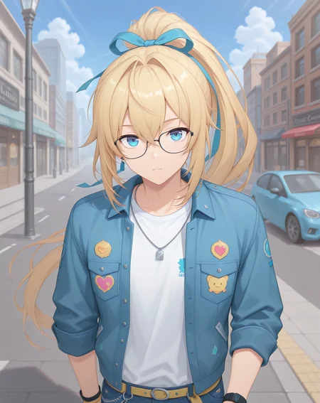 masterpiece,best quality,amazing quality, newest, very aesthetic, absurdres,
1boy, solo, yaoi, male focus, looking at viewer, cowboy shot, standing,
<lora:Grandiel_Commentator_ilxl:1> grandielcommentator, blonde hair, blue eyes, glasses, high ponytail, black-framed eyewear, hair between eyes, sidelocks, hair intakes,
white shirt, jeans, sneakers,
outdoors, day, blue sky, building, street, road, lamppost, car,