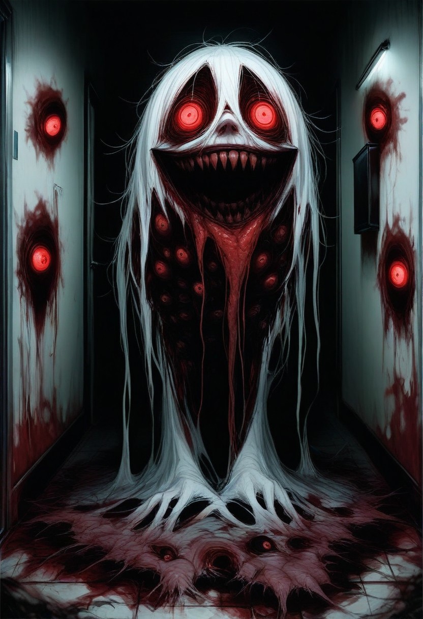 ((best quality)), ((masterpiece)),detailed background, horror, scary, fear, ghost, many glowing eyes in the background,horror, madness, abomination, crazy smile