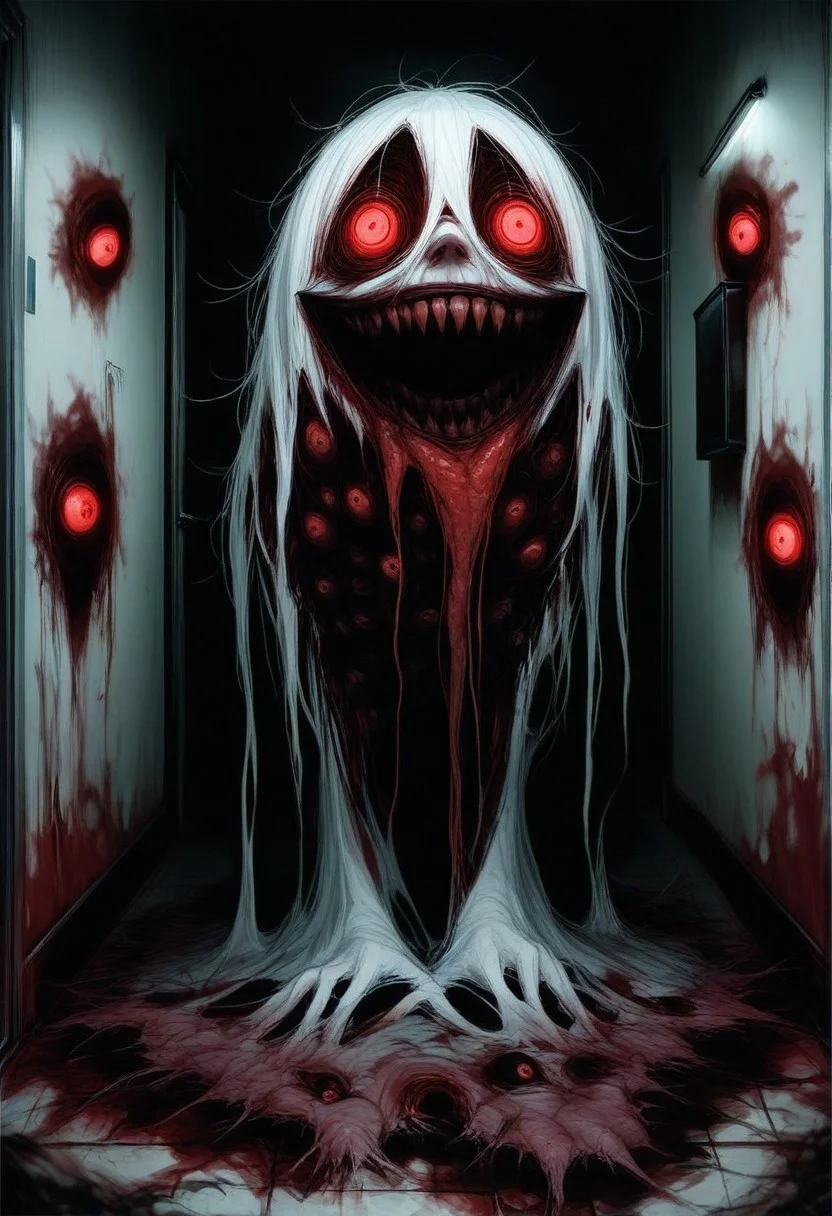 ((best quality)), ((masterpiece)),detailed background, horror, scary, fear, ghost, many glowing eyes in the background,horror, madness, abomination, crazy smile