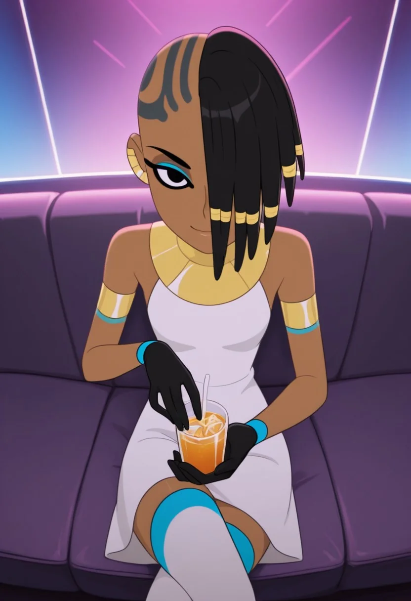 best_quality, ultra detailed, detailed anatomy, beautiful body, perfect hands, hands. Perfect, Expressiveh, top body view, top body view, 1girl, detailed eyes, 1girl, Hannah, side cut, eye tattoo, black hair, dark skin, dark-skinned female, hair over one eye, hair ornaments, eyeshadow, black eyes, makeup, dreadlocks, black eyes, hair over one eye, small breasts, jewelry, armlets, black gloves, white dress, black pants, white thighhighs, black boots, in nightclub, colorful lights, sitting on a couch, drink in hand, looking at viewer, leaning back on couch, legs crossed, confident, smile, looking at viewer, view from above