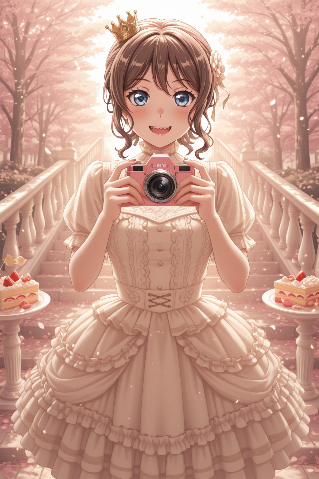 masterpiece, best quality, amazing quality, 1girl, solo, makeup, general, looking at viewer, blush, highres, cowboy shot, birthday, cake, strawberry shortcake, smile, sharp teeth, holding camera, stairs, railing, falling petals, macaron, cake slice, tiered tray, outdoors, <lora:Yamabuki_Saaya_Ban_Dori:1>, Yamabuki_Saaya_Ban_Dori, blue eyes, brown hair, short hair, hair flower, hair ribbon, bow, breasts, sidelocks, frilled dress, layered dress, multicolored dress, mini crown, hair ribbons, <lora:wai-2Rectified-V140:1>, <lora:illustrious_noobai_epsilon_pred_1_masterpieces_v1:1>