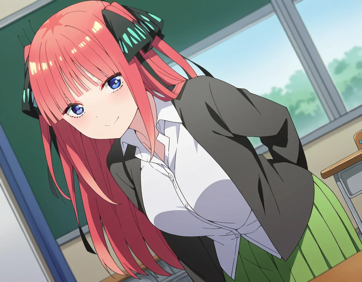 score_9, score_8_up, score_7_up, source_anime,
ninonakano, <lora:nino-nakano-s2-ponyxl-lora-nochekaiser:1>,
nino nakano, long hair, bangs, blue eyes, hair ornament, hair ribbon, pink hair, blunt bangs, two side up, butterfly hair ornament, mature female,
skirt, shirt, long sleeves, white shirt, pleated skirt, open clothes, collared shirt, sleeves past wrists, dress shirt, cardigan, green skirt, open cardigan, black cardigan,
indoors, classroom, bent over, smile,
looking at viewer, cowboy shot, dutch angle, solo,