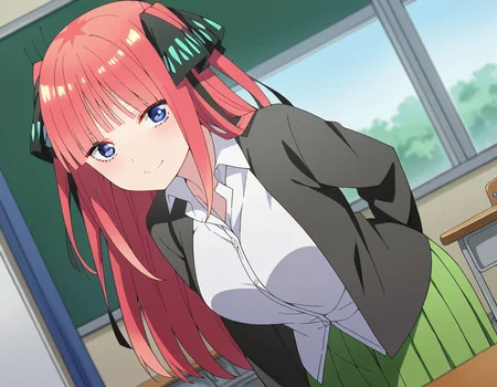 score_9, score_8_up, score_7_up, source_anime,
ninonakano, <lora:nino-nakano-s2-ponyxl-lora-nochekaiser:1>,
nino nakano, long hair, bangs, blue eyes, hair ornament, hair ribbon, pink hair, blunt bangs, two side up, butterfly hair ornament, mature female,
skirt, shirt, long sleeves, white shirt, pleated skirt, open clothes, collared shirt, sleeves past wrists, dress shirt, cardigan, green skirt, open cardigan, black cardigan,
indoors, classroom, bent over, smile,
looking at viewer, cowboy shot, dutch angle, solo,