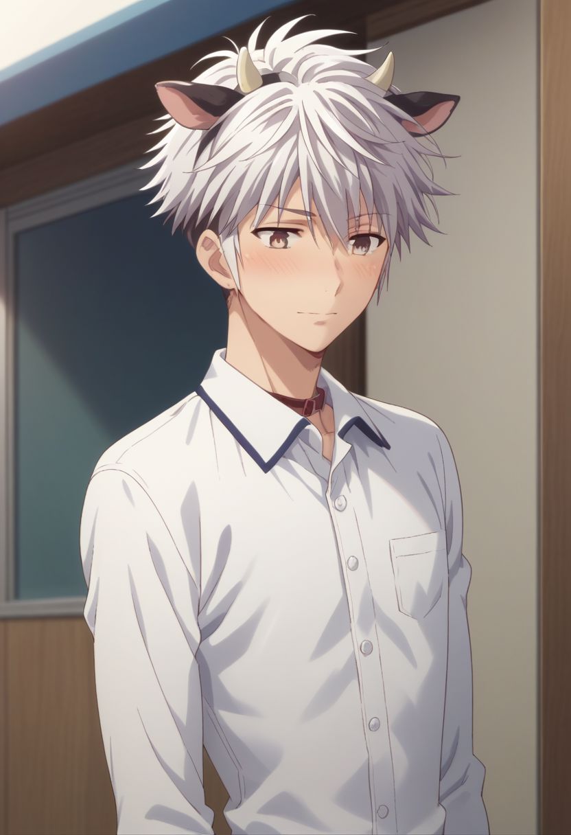 score_9, score_8_up, score_7_up, source_anime, highly detailed, 1boy, solo, male_focus, 
haru_sohma, 1boy, male focus, solo, white hair, jewelry, shirt, upper body, blush, embarassed smile, animal ears, cow ears, open eyes,