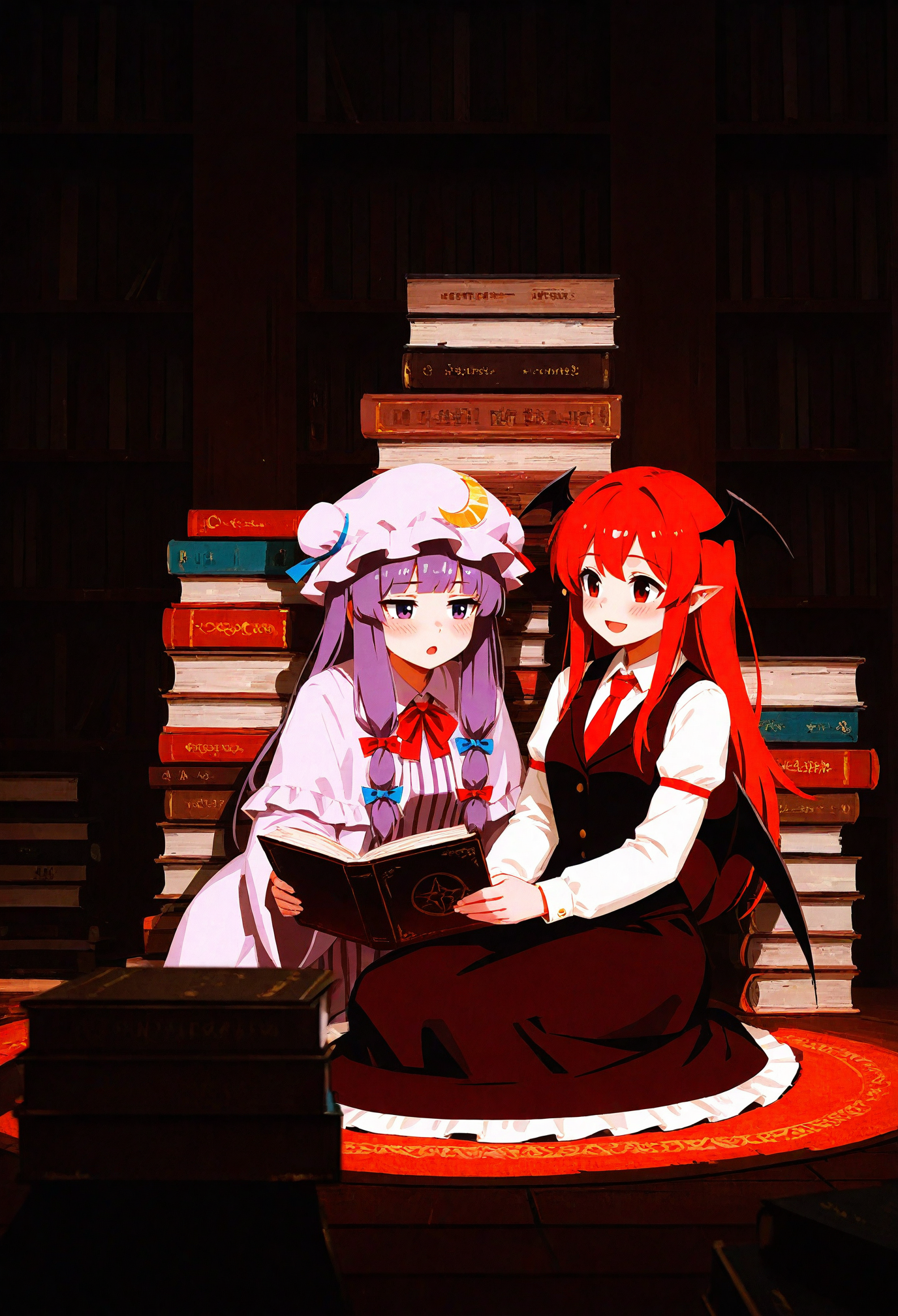 <lora:SDXL\Illustrious\yun_ling.safetensors:0.8:1.0> <lora:SDXL\Illustrious\ComfyUI_itercomp_00001_.safetensors:1.0:1.0> <lora:SDXL\Illustrious\ponyv6_noobV1_2_adamW-000017.safetensors:0.6:1.0>shy, blush, side smile,focal point,dynamic pose,patchouli_knowledge, koakuma, long_hair, blush, open_mouth, bangs, multiple_girls, shirt, red_eyes, long_sleeves, hat, dress, bow, ribbon, 2girls, sitting, purple_eyes, hair_ribbon, purple_hair, hair_bow, sidelocks, red_hair, wings, necktie, pointy_ears, striped, wide_sleeves, looking_at_another, :o, vest, red_bow, book, capelet, mob_cap, bat_wings, looking_up, red_necktie, crescent, head_wings, purple_dress, holding_book, hat_ornament, crescent_hat_ornament, book_stack BREAK very awa,masterpiece, best quality, amazing quality, very aesthetic, absurdres,  year 2024, year 2023,