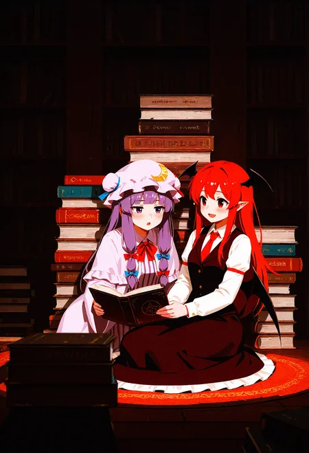 <lora:SDXL\Illustrious\yun_ling.safetensors:0.8:1.0> <lora:SDXL\Illustrious\ComfyUI_itercomp_00001_.safetensors:1.0:1.0> <lora:SDXL\Illustrious\ponyv6_noobV1_2_adamW-000017.safetensors:0.6:1.0>shy, blush, side smile,focal point,dynamic pose,patchouli_knowledge, koakuma, long_hair, blush, open_mouth, bangs, multiple_girls, shirt, red_eyes, long_sleeves, hat, dress, bow, ribbon, 2girls, sitting, purple_eyes, hair_ribbon, purple_hair, hair_bow, sidelocks, red_hair, wings, necktie, pointy_ears, striped, wide_sleeves, looking_at_another, :o, vest, red_bow, book, capelet, mob_cap, bat_wings, looking_up, red_necktie, crescent, head_wings, purple_dress, holding_book, hat_ornament, crescent_hat_ornament, book_stack BREAK very awa,masterpiece, best quality, amazing quality, very aesthetic, absurdres, year 2024, year 2023,