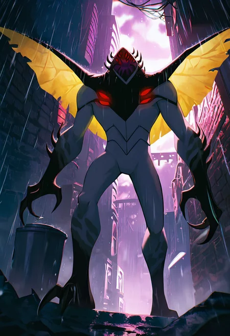 masterpiece, best quality, amazing quality, very aesthetic, absurdres, newest,, detailed background,
highbreed, extra eyes, solo, alien, white skin, purple face, , monster, red eyes, black hands, , claws, black head spikes, white body,
wings, yellow wings, night city, rtx, in back alleyway, tall,, brick walls, missing posters, from below, heavy rain, bray sky, foreground blur, trashcans, bins, messy alleyway, cinematic, movie scene, bladerunner 2049,