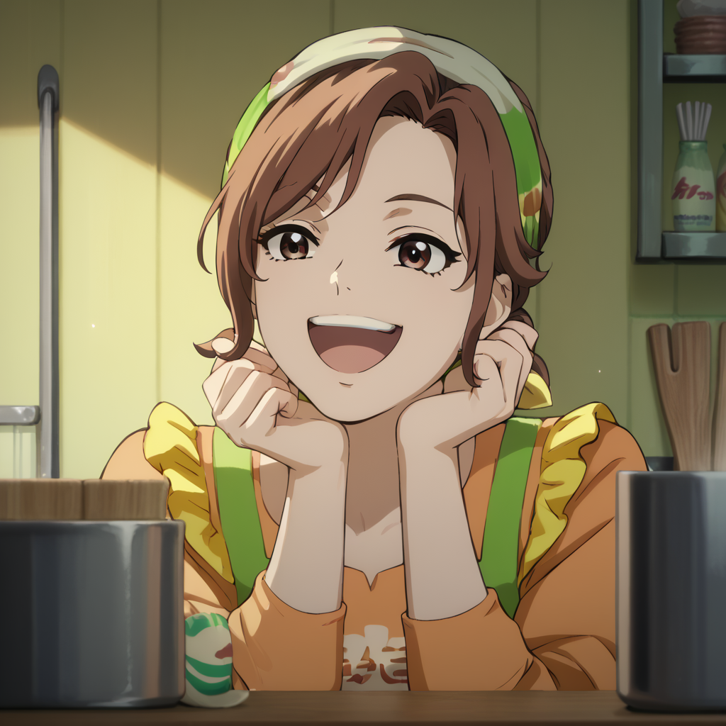 <lora:SlimesArajinsMom:1>, score_9, score_8_up, score_7_up, slimes_arajinsmom, woman, solo, brown eyes, kitchen background, laughing