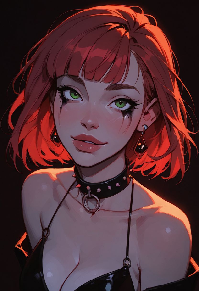 score_9, score_8_up, score_7_up, score_6_up, 1girl, sexy face, raver hairstyle, sexy adult female, cute face, 'SLUT' collar, bangs, long strawberry hair, green eyes, large boobs, cleavage spilling out, horny, raver makeup BREAK rave, neon lights