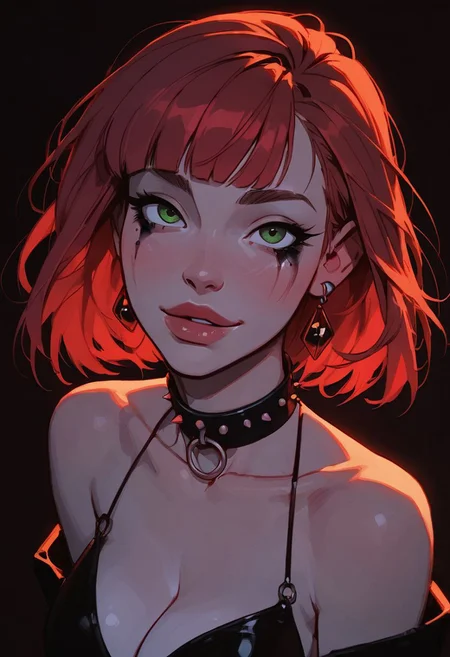 score_9, score_8_up, score_7_up, score_6_up, 1girl, sexy face, raver hairstyle, sexy adult female, cute face, 'SLUT' collar, bangs, long strawberry hair, green eyes, large boobs, cleavage spilling out, horny, raver makeup BREAK rave, neon lights