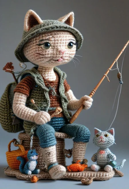 A man fishing with his cat, lake, sitting, catching a shark, by saint exupery, crocheted style