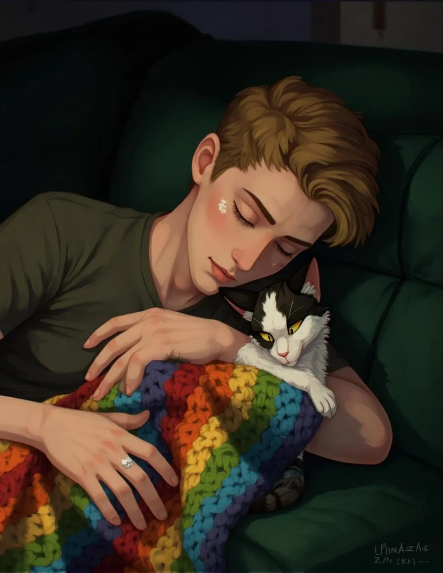 <lora:ck-LttleGhost-000011.safetensors:1> in the style of ck-lttlegh0st**
A middle-aged man with short, light brown hair lies on a dark green couch, his eyes closed as he holds a cat wrapped in a rainbow-striped crocheted blanket. The feline has a white face with black markings and a yellow eye. He wears a dark green T-shirt and rests against an emerald-green cushion, the entire scene captured with shallow depth of field for maximum intimacy.