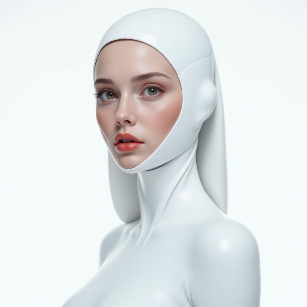 Stunning, pristine futuristic white beautiful woman, with a white background, modern minimalist view with pure white aesthetics, few red outlines and eyes