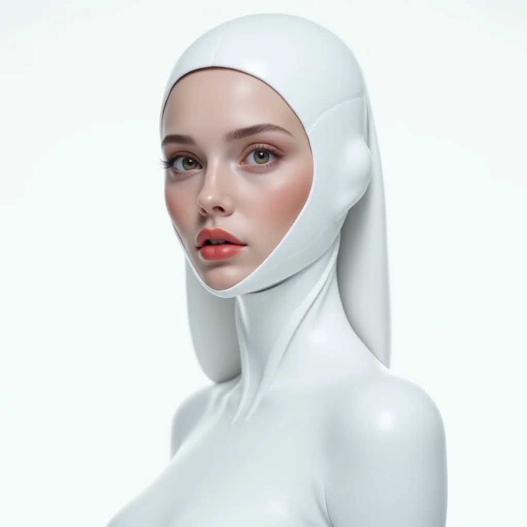 Stunning, pristine futuristic white beautiful woman, with a white background, modern minimalist view with pure white aesthetics, few red outlines and eyes