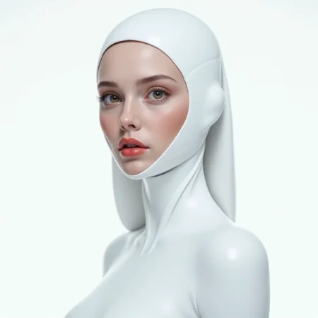 Stunning, pristine futuristic white beautiful woman, with a white background, modern minimalist view with pure white aesthetics, few red outlines and eyes