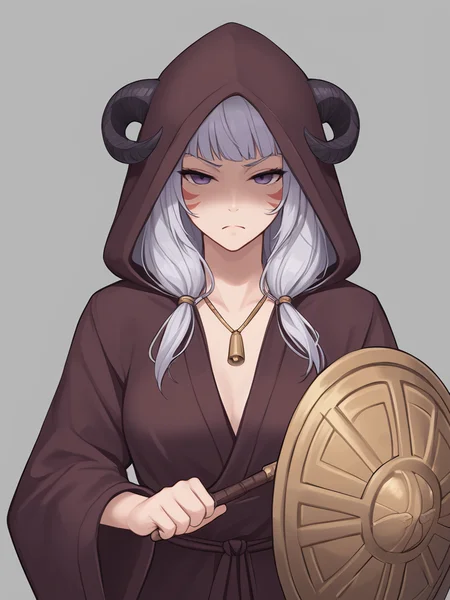 <lora:buckler:0.8> (((holding buckler buckler buckler on calf:1.4, solo, one shield, blocking stance, focus on buckler:1.2))), source_furry, score_7_up, rating_safe tiefing, short pointy ears, (a pair of brown sheep Horns that begin at her temples and curve back: 1.5), bangs, long silver hair long wavy hair, pale skin, <lora:whisker_markings:0.8> red whisker_markings purple eyes angry:0.4, <lora:age_slider_v4:0.5> medium breasts, skinny female, <lora:Tieflingnew weird fantasyDND:0.3> Tiefling, cowboy shot, <lora:Smooth Style 2 SDXL_LoRA_Pony Diffusion V6 XL:0.4> bell, brown robe, hood off, <lora:Nanoless_Artist_Style_PonyXL:0.4> gold necklace, half closed eyes,simple background, shaded face, close up:0.3