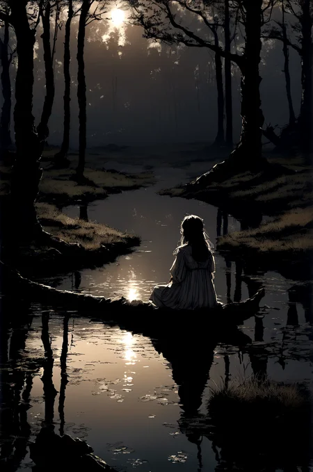 young girl sitting by a river, solo, long hair, dress, sitting, outdoors, water, from behind, tree, night, moon, nature, scenery, forest, reflection, dark, ripples, lake, absurdres, masterpiece, 8k, high detail, intricate, best quality